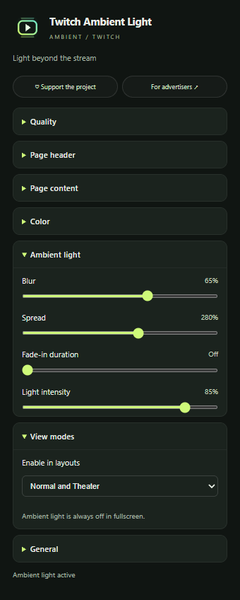 Actual Twitch Ambient Light settings menu with ambient controls